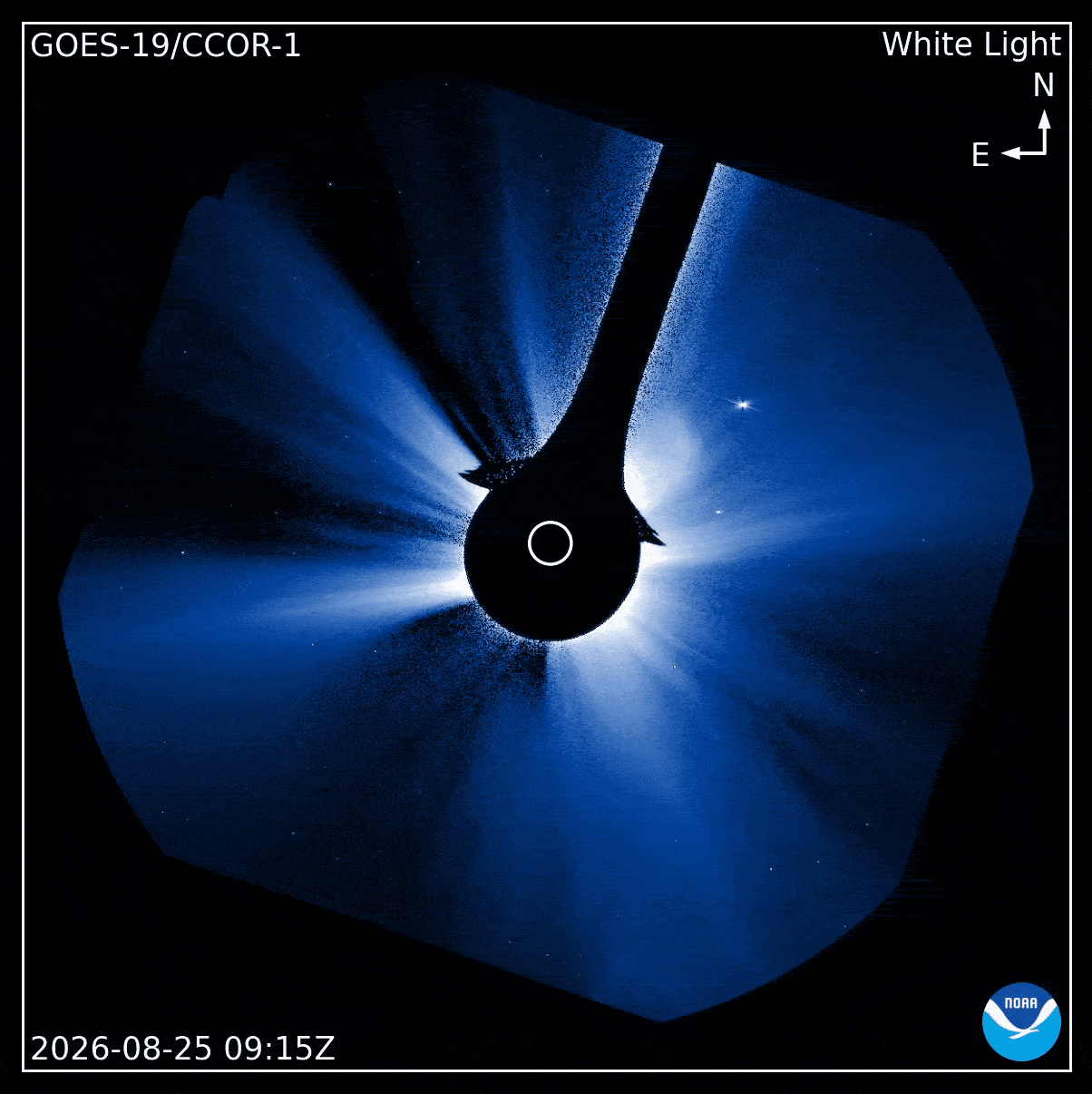 the central view of the Sun is blocked but wide wisp of plasma are thrown into space